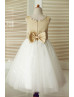 Beaded Neck Champagne Satin Ivory Tulle Wedding Flower Girl Dress